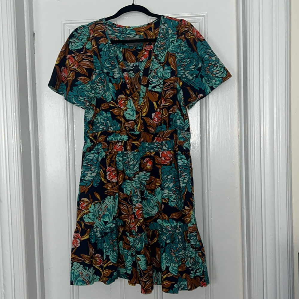 Anthropologie Teal Floral Mini Dress with Brown and Coral Accents